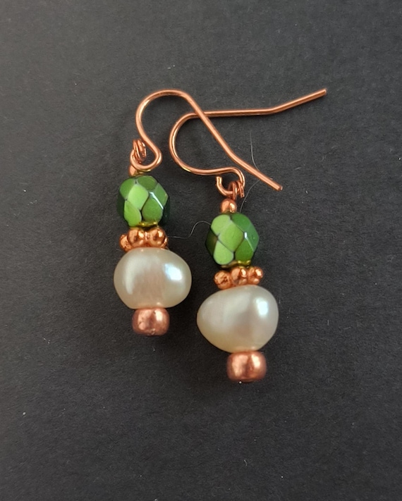 Rose Gold Pearl Emerald Drop Earrings, Springtime Bridesmaid Jewelry