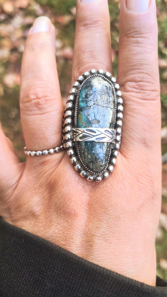 Vintage Native American Turquoise Ring, Signed, Sterling Silver, Size 13