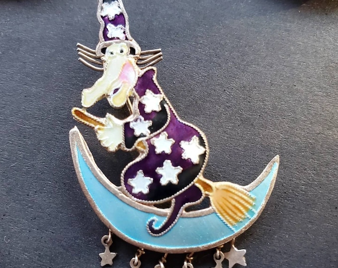 Cloisonne Enamel Witch Brooch: Crescent Moon & Star, Chinese Export Silver