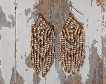 VENICE beaded woven fringe earrings, metallic bronze, crystal on vintaj brass champagne turquoise