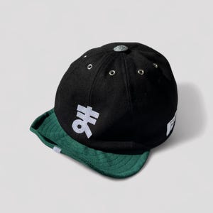 Black Cotton Drill Baseball Cap with Green Roll-up Visor – Foldable Adjustable Custom Initial Hat – Handmade in London