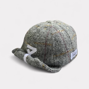 Grey Check Harris Tweed 8-Panel Baseball Cap with Roll-up Visor – Foldable, Adjustable, Personalised Initial, Handmade in London