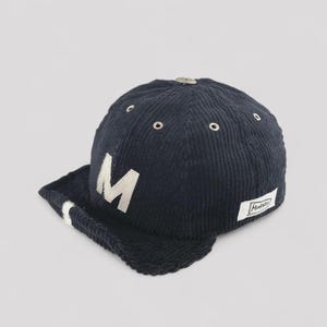 Navy Corduroy 8-Panel Baseball Cap with Roll-up Visor – Foldable, Adjustable, Personalised Initial, Handmade in London