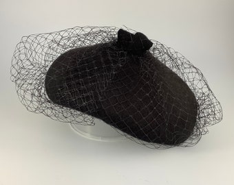 Cocktail Hat Fascinator with Veil | Handmade from Wool Felt with Silk Liner | Vintage Style for Weddings and Special Occasions