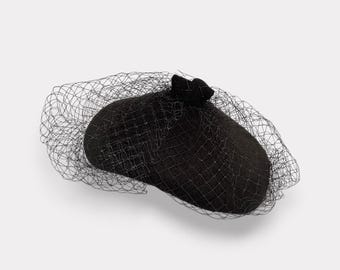 Black Pillbox Hat With Birdcage Fascinator Veil Black Wool 