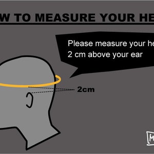 An illustration of a head with a measurement guide indicating the proper way to measure the head, positioned 2 cm above the ear. Makshy brand logo is located in the bottom right corner.