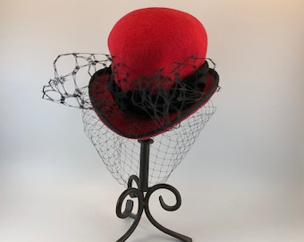 Red Heart Cocktail Hat with Veil and Silk Liner | Handmade Fascinator from Wool Felt with Hat Elastic | Chic Mini Top Fashion Hat