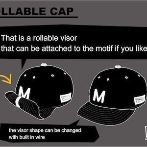 An illustration showing how the visor of the cap can be adjusted and rolled up and attached to the velcro motif on the front panel.