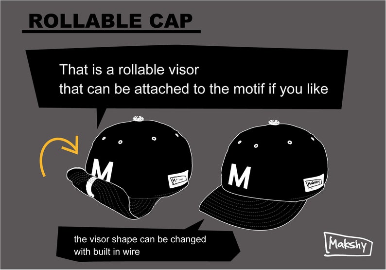 An illustration showing how the visor of the cap can be adjusted and rolled up and attached to the velcro motif on the front panel.