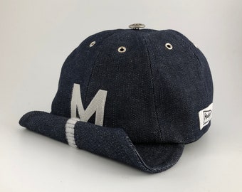 Denim Baseball Cap - Cotton Denim Handmade Custom Mens 8-Panel Hat with Adjustable Visor and Personalised Initial, Dark Blue Jean Ball Cap