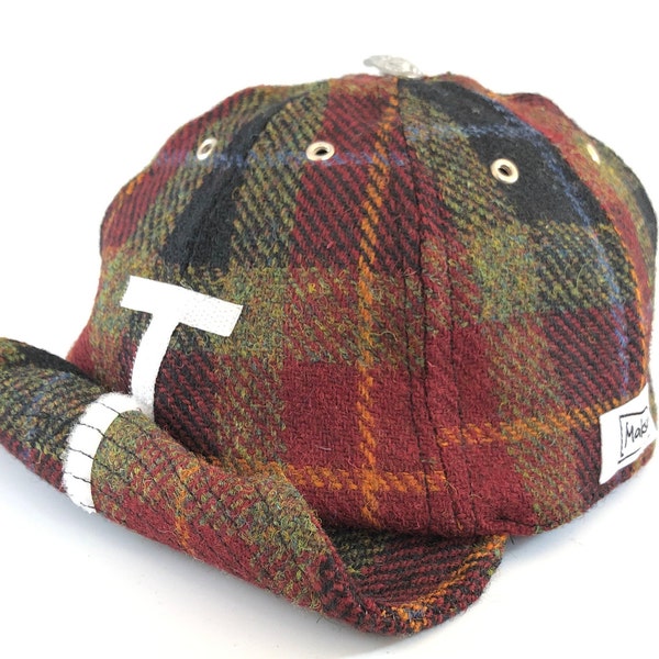 Harris Tweed Cap - Handmade Eight Panel Wool Custom Red Check Baseball Cap with Adjustable Visor and Personalised Initial, Mens Tweed Hat