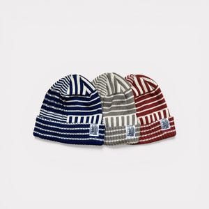 Può includere: Tre berretti a righe in blu navy, grigio e bordeaux. Ogni berretto ha un'etichetta rettangolare bianca con testo. I berretti sono disposti uno accanto all'altro su uno sfondo bianco.