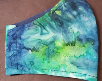 Tie Dye blue green face mask. Olson style fitted face mask with filter pocket • nose wire • soft adjustable ear loops.