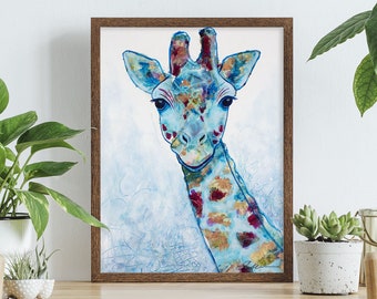 Giraffe painting print on fine art paper and canvas, original art by Elyssa Helfman, animal, colorful, home decor, gift, safari, wildlife