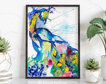 Peacock painting fine art print on paper and canvas, original art by Elyssa Helfman, animal, home decor, colorful, bird, gift, wildlife