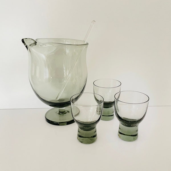 Vintage Danish modern Holmegaard martini pitcher with glass stirrer and 3 glasses set- MCM Glassware