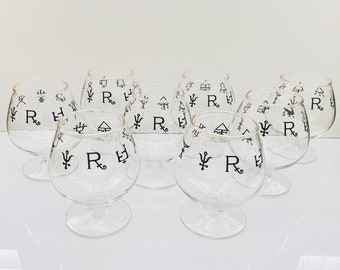 Vintage Set of 8 Apothecary Pharmacy Ancient Rx Alchemy Tulip Glasses / Brandy Snifters
