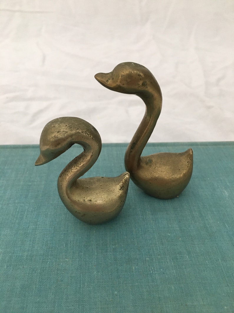 Vintage Brass Mini Swans with Curved Necks Set of Two