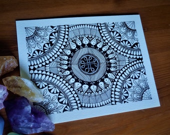 Original hand drawn mandala ink drawing black and white sketch