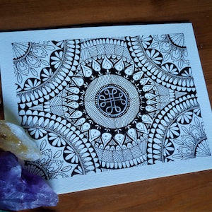 Mandala Print ink drawing black and white sketch