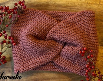 Breites Stirnband Twist Farbe: Marsala, Strick aus Merino Wolle  - Handarbeit für Damen & Kinder, auch als Partnerlook