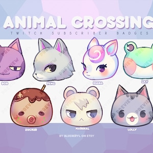 May include: A set of 8 Animal Crossing character Twitch subscriber badges. The badges feature various characters from the game, including Bob, Fang, Diana, Lily, Zucker, Marshal, and Lolly. The badges are designed in a cute and colorful style.