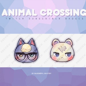 May include: Two Animal Crossing character Twitch subscriber badges. The first badge features a blue cat with glasses and a blonde streak of hair. The second badge features a white dog with a grumpy expression.