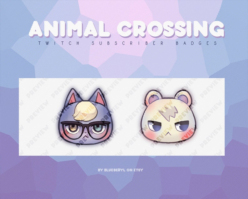 May include: Two Animal Crossing character Twitch subscriber badges. The first badge features a blue cat with glasses and a blonde streak of hair. The second badge features a white dog with a grumpy expression.