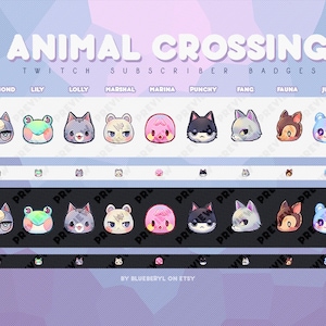 May include: A set of 10 Animal Crossing character Twitch subscriber badges. The badges feature various characters from the game, including Raymond, Lily, Lolly, Marshal, Marina, Punchy, Fang, Fauna, and Judy. The badges are designed in a pixelated style and are perfect for adding a touch of Animal Crossing to your Twitch channel.