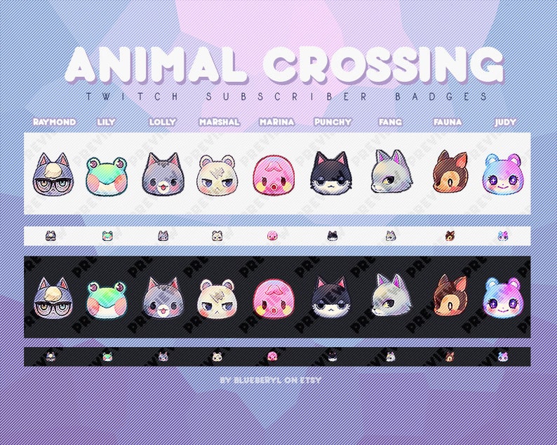 May include: A set of 10 Animal Crossing character Twitch subscriber badges. The badges feature various characters from the game, including Raymond, Lily, Lolly, Marshal, Marina, Punchy, Fang, Fauna, and Judy. The badges are designed in a pixelated style and are perfect for adding a touch of Animal Crossing to your Twitch channel.