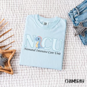 May include: A light blue t-shirt with the letters "NICU" in a gingham pattern, featuring a cartoon dinosaur. The text "Neonatal Intensive Care Unit" is below the letters. The shirt is on a white textured surface.