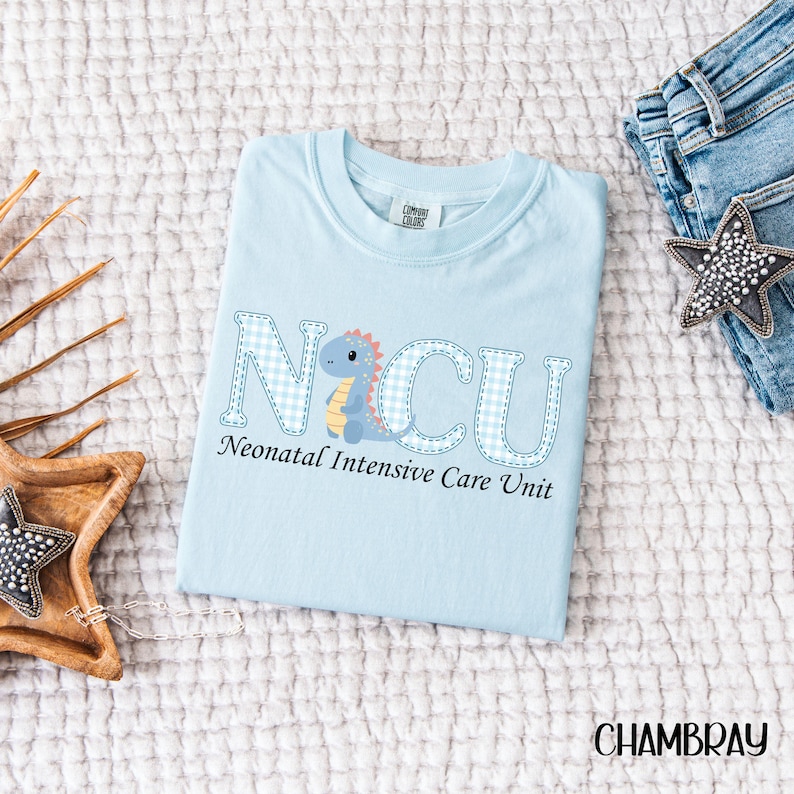 May include: A light blue t-shirt with the letters "NICU" in a gingham pattern, featuring a cartoon dinosaur. The text "Neonatal Intensive Care Unit" is below the letters. The shirt is on a white textured surface.