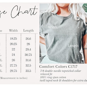 May include: A size chart with measurements in inches for t-shirts, including width and length for sizes S to 4XL. The image also shows a gray t-shirt and details about the fabric and construction.
