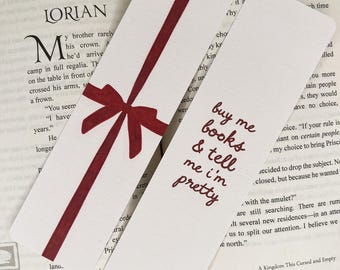 Marcadores de livros "Compre-me livros e diga-me que sou bonita" e laço ~ Marcadores fofos, marcadores estéticos, para amantes de livros, presente literário
