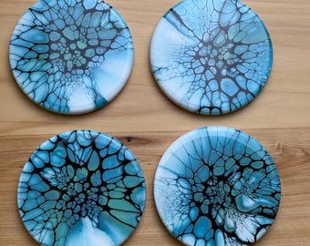 Handmade Ceramic Tile Coasters – Blue, Sage Green & Black Abstract Acrylic Pour Drink Coasters – Resin Sealed with Cork Backing