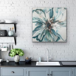 Abstract Teal Bloom - Fluid Acrylic Floral Painting on Canvas Wall Art Flower 24” x 24” Gallery Wrapped Canvas Turquoise Blue Greens