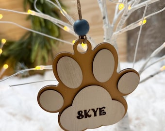 Personalized Paw Ornament: Two-Toned Wood Dog Gift Tag