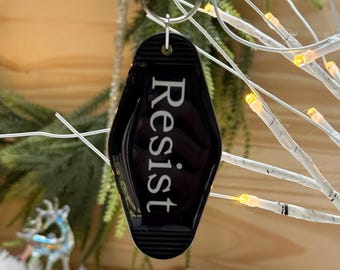 Resist Motel keychain, bag dangle, feminism, democrat, hotel, bag charm