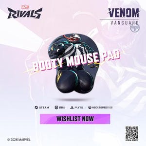 Könnte beinhalten: Ein schwarz-weißes Venom-Mauspad mit dem Text "BOOTY MOUSE PAD" in Gelb. Das Mauspad ist in Form eines Hinterteils gestaltet und zeigt eine Grafik von Venom aus dem Marvel-Comics-Universum. Der Text "VENOM VANGUARD" befindet sich in der oberen rechten Ecke des Bildes.