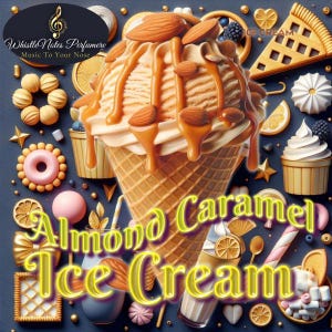 Puede incluir: Un cono de helado de vainilla cubierto con salsa de caramelo y almendras. El helado est&aacute; rodeado de varios caramelos y postres coloridos. El texto "Almond Caramel Ice Cream" est&aacute; escrito en amarillo, dorado y morado.