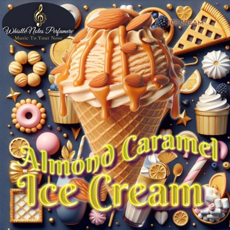 Puede incluir: Un cono de helado de vainilla cubierto con salsa de caramelo y almendras. El helado est&aacute; rodeado de varios caramelos y postres coloridos. El texto "Almond Caramel Ice Cream" est&aacute; escrito en amarillo, dorado y morado.