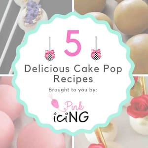 May include: A pink and white graphic with the text "5 Delicious Cake Pop Recipes" and "Brought to you by: Pink iCiNG". The graphic is surrounded by images of cake pops with various decorations.