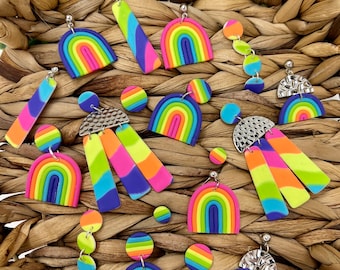 neon rainbow earrings | rainbow earrings | handmade | polymer clay earrings | hypoallergenic | pride earrings |
