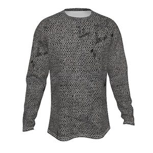 Puede incluir: Camiseta de manga larga con diseño de cota de malla. La camiseta presenta un cuello redondo y un patrón de pequeños círculos interconectados en tonos grises y negros, creando una apariencia texturizada. Las mangas y el dobladillo están acabados con una simple puntada blanca.