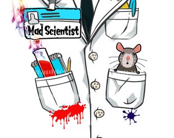 Galen vetenskapsman, labbrock, t-shirtdesign i PNG digitalt nedladdningsformat med anpassningsbar namnetikett om det behövs.