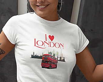 Me encanta el recuerdo de Union Jack del autobús rojo de Londres, recuerdos de Londres Camiseta de algodón pesado unisex con cuello redondo