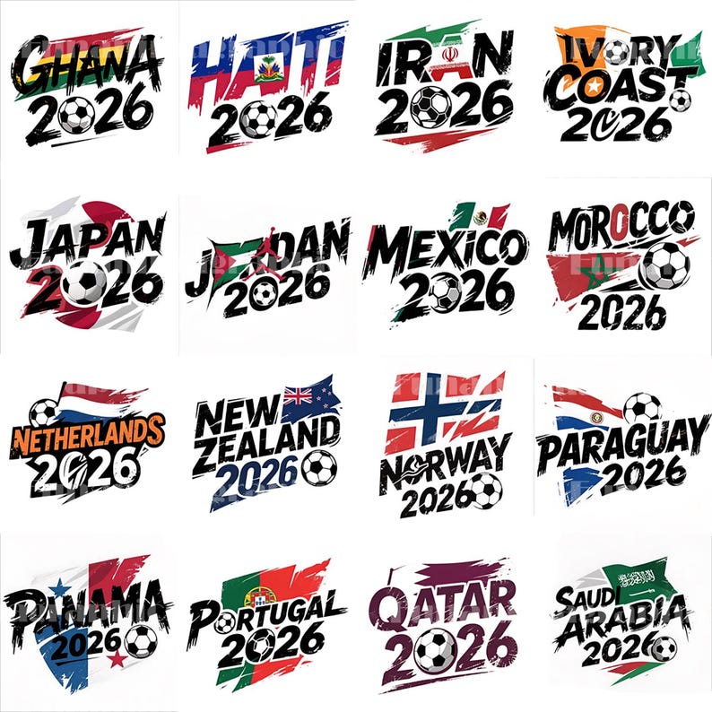 May include: A collection of soccer-themed graphics featuring flags and text for various countries. Each design includes a soccer ball and the year "2026". Countries include Ghana, Haiti, Iran, Ivory Coast, Japan, Jordan, Mexico, Morocco, Netherlands, New Zealand, Norway, Paraguay, Panama, Portugal, Qatar, and Saudi Arabia.