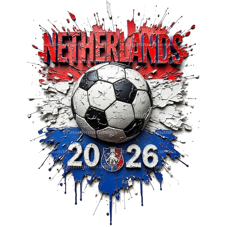 Puede incluir: Dise&ntilde;o gr&aacute;fico con un bal&oacute;n de f&uacute;tbol en blanco y negro, sobre un fondo con los colores de la bandera holandesa. La palabra "NETHERLANDS" es roja, y el a&ntilde;o "2026" se muestra en blanco.