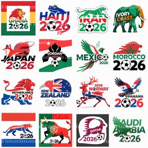 以下が含まれることがあります： 様々な国の国旗と動物のマスコットをあしらった、カラフルなサッカーをテーマにしたグラフィックのコレクションです。「2026」の年号とサッカーボールが各デザインに含まれており、ガーナ、日本、メキシコなどの国々を表しています。