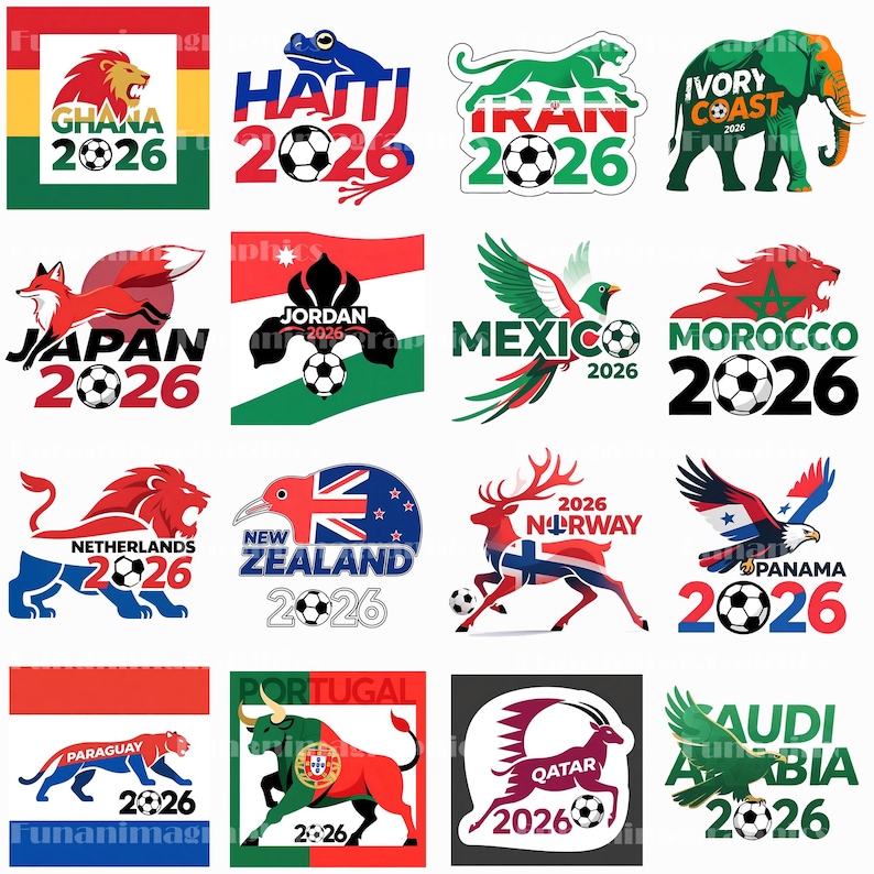 以下が含まれることがあります： 様々な国の国旗と動物のマスコットをあしらった、カラフルなサッカーをテーマにしたグラフィックのコレクションです。「2026」の年号とサッカーボールが各デザインに含まれており、ガーナ、日本、メキシコなどの国々を表しています。